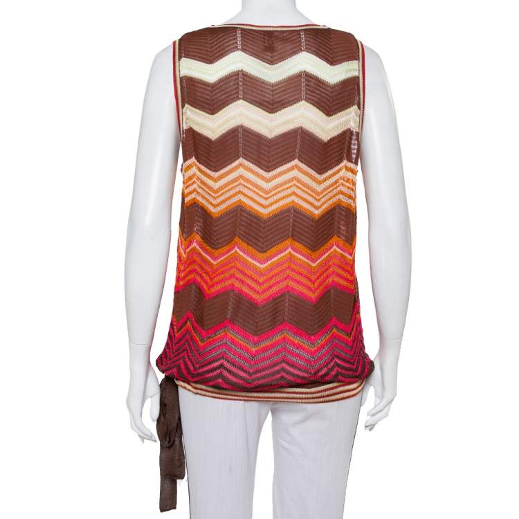 Pre Owned M Missoni Brown Chevron Patterned Knit Waist Tie Detail Top L