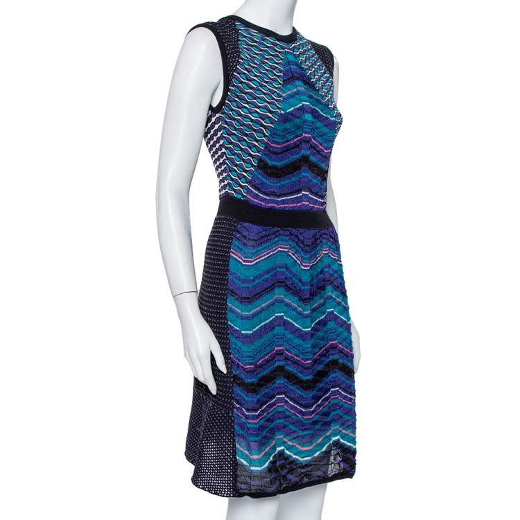 Pre Owned M Missoni Blue Patterned Knit Paneled Short Dress M