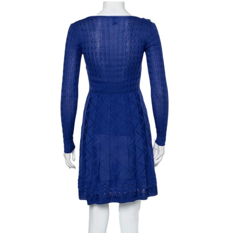 Pre Owned M Missoni Blue Patterned Knit Scoop Neck Skater Dress S