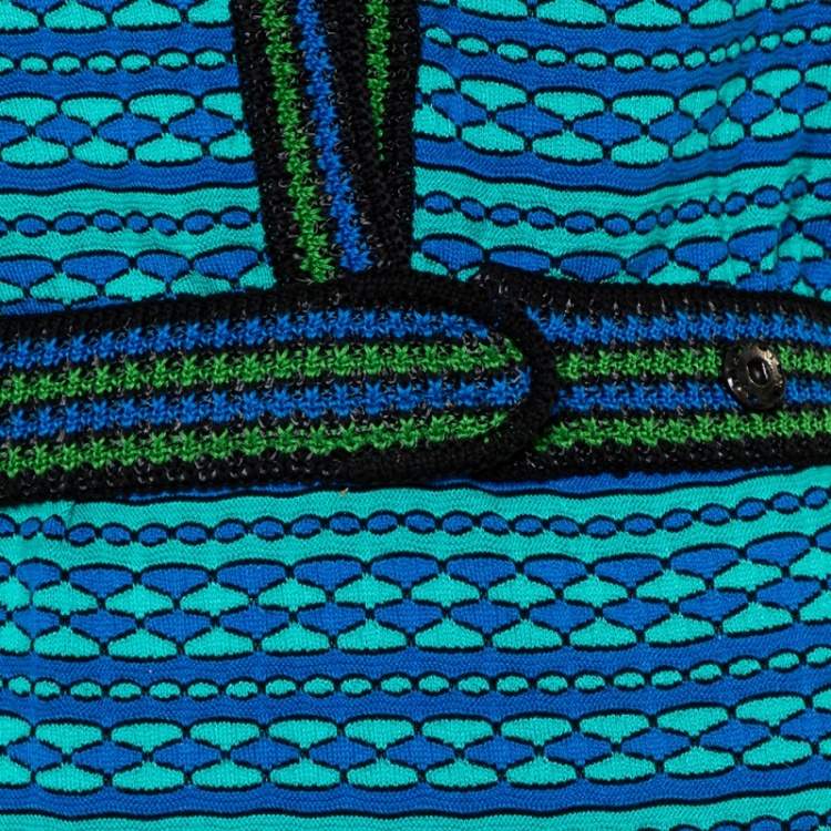Pre Owned M Missoni Blue and Green Patterned Knit Belted Tunic Dress S 