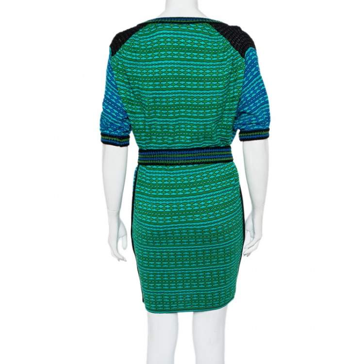 Pre Owned M Missoni Blue and Green Patterned Knit Belted Tunic Dress S 
