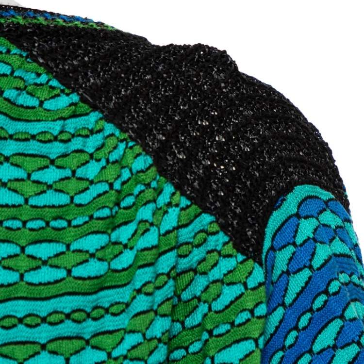 Pre Owned M Missoni Blue and Green Patterned Knit Belted Tunic Dress S 