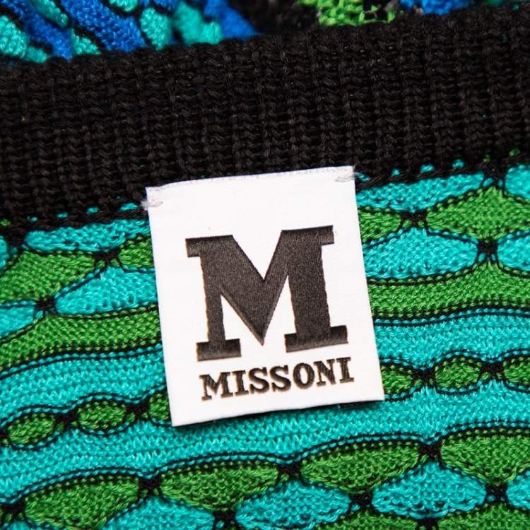 Pre Owned M Missoni Blue and Green Patterned Knit Belted Tunic Dress S 