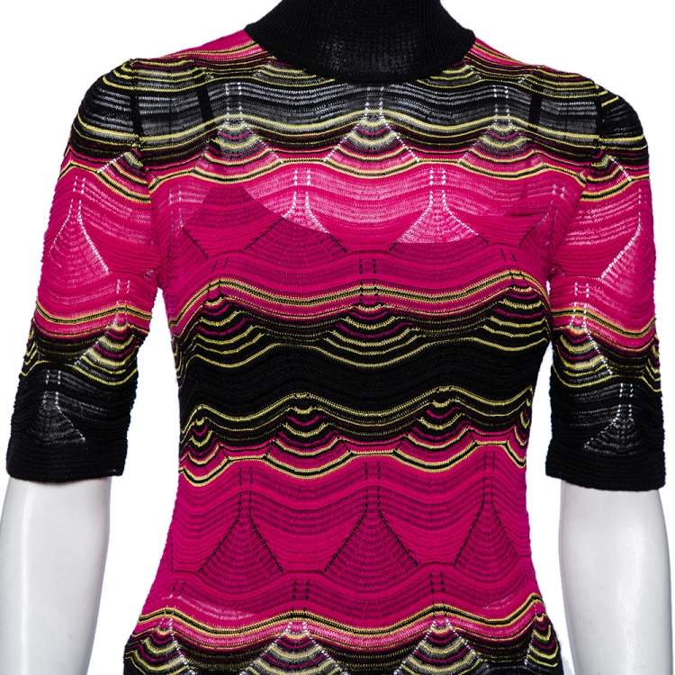Pre Owned M Missoni Pink & Black Wavy Pointelle Knit Mock Neck Top S