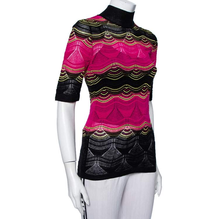 Pre Owned M Missoni Pink & Black Wavy Pointelle Knit Mock Neck Top S