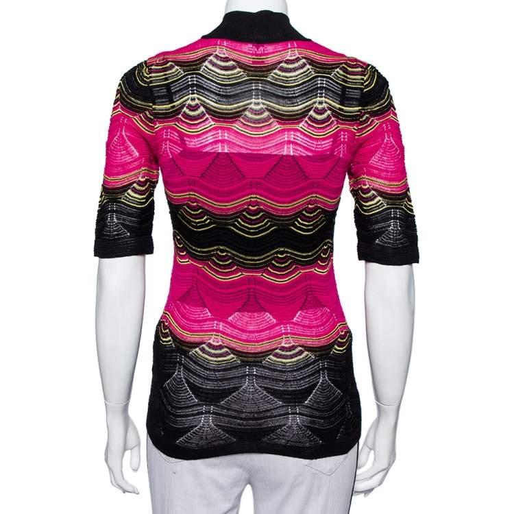 Pre Owned M Missoni Pink & Black Wavy Pointelle Knit Mock Neck Top S