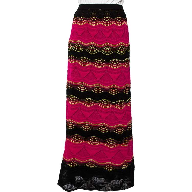 Pre Owned M Missoni Pink & Black Wavy Pointelle Knit Maxi Skirt S