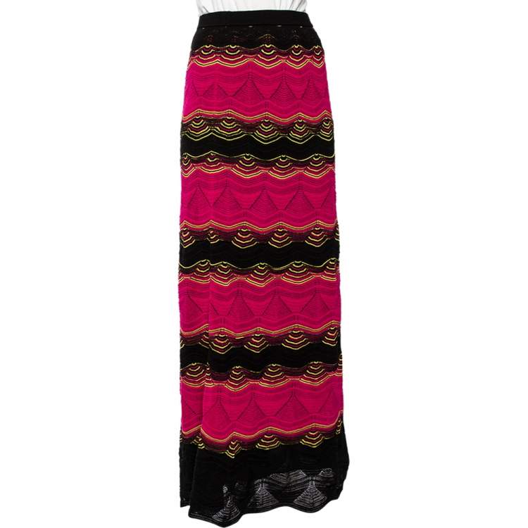Pre Owned M Missoni Pink & Black Wavy Pointelle Knit Maxi Skirt S