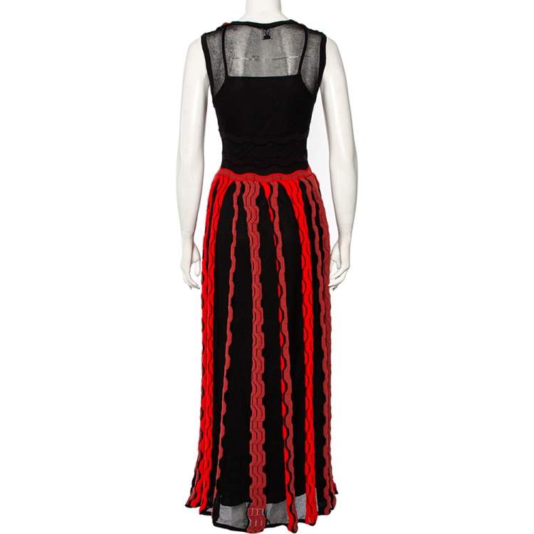 Pre Owned M Missoni Black & Red Knit Pleated Sleeveless Maxi Dress S