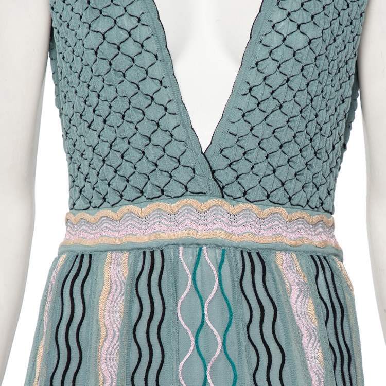 مملوكة مسبقًا M Missoni Grey Patterned Knit Plunge Neck Midi Dress L