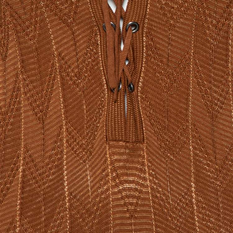 Pre Owned M Missoni Brown Patterned Knit Lace Up Detail Midi Dress M