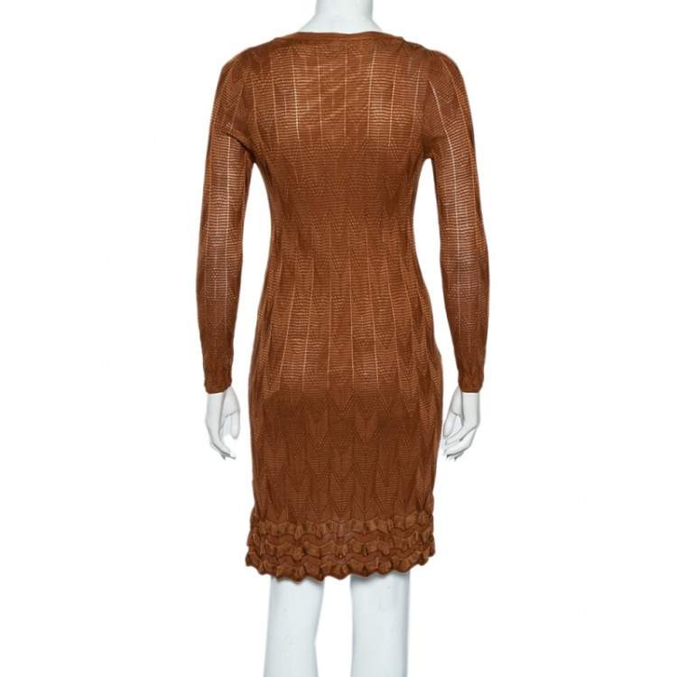 Pre Owned M Missoni Brown Patterned Knit Lace Up Detail Midi Dress M