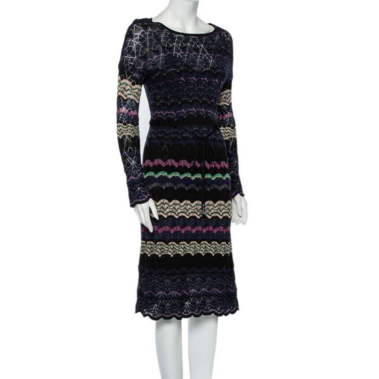 Pre Owned M Missoni Multicolor Patterned Knit Waist Tie Detail Midi Dress M