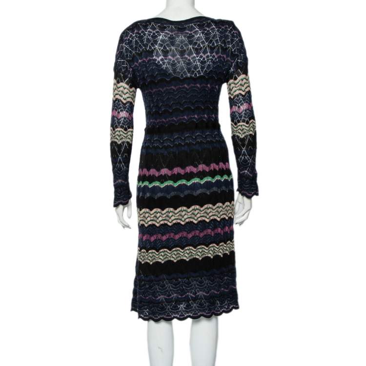 Pre Owned M Missoni Multicolor Patterned Knit Waist Tie Detail Midi Dress M