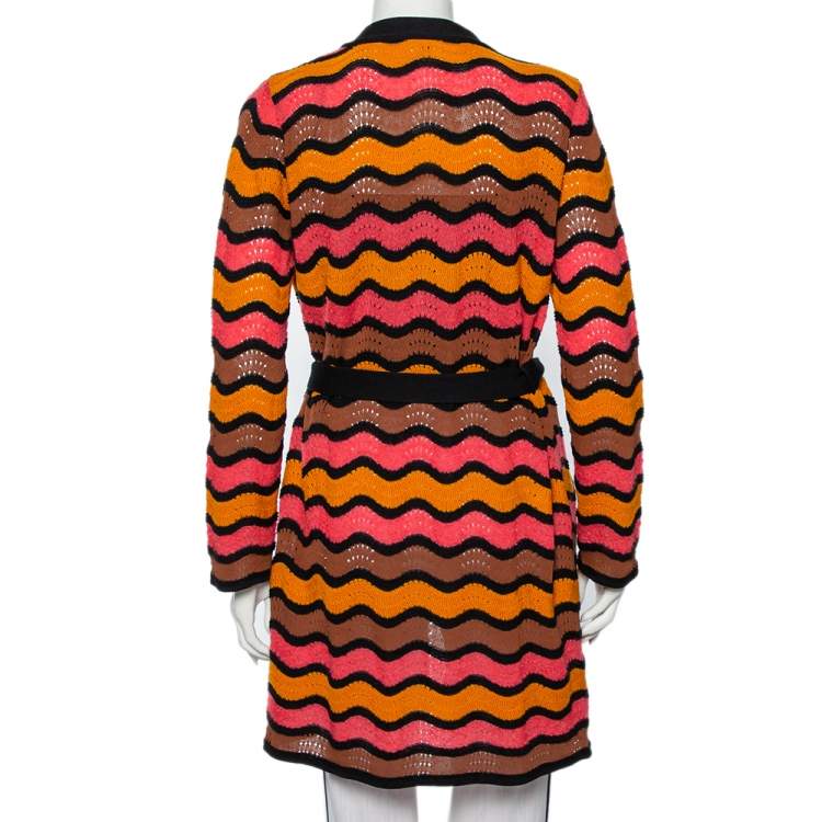Pre Owned M Missoni Multicolor Patterned Knit Belted Long Cardigan M
