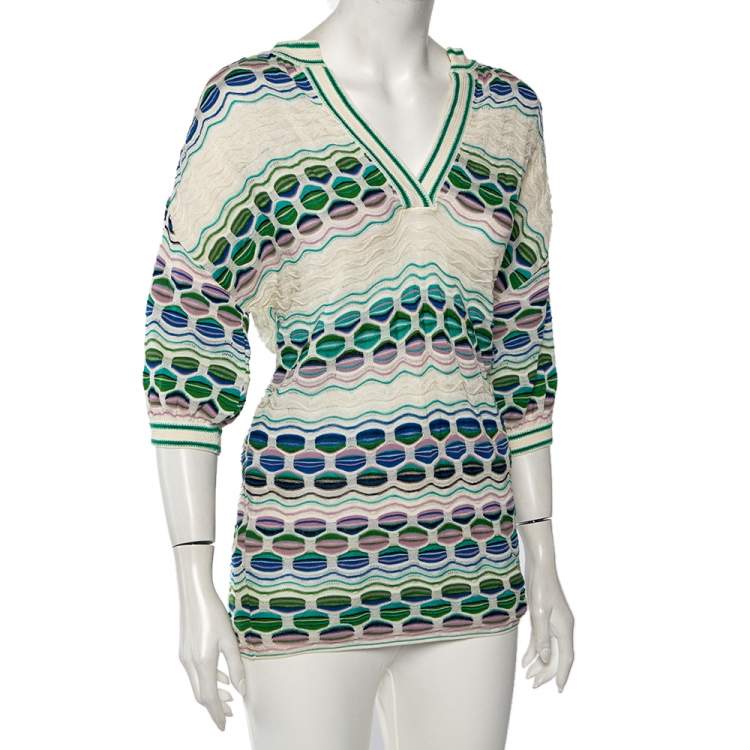 Pre Owned M Missoni Multicolored Perforated Knit Short Sleeve Top M 