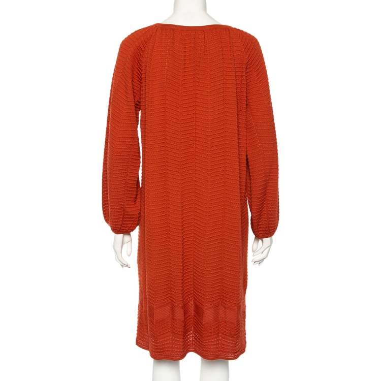 Pre Owned M Missoni Rust Orange Perforated Knit Neck Tie Detail Midi Dress L