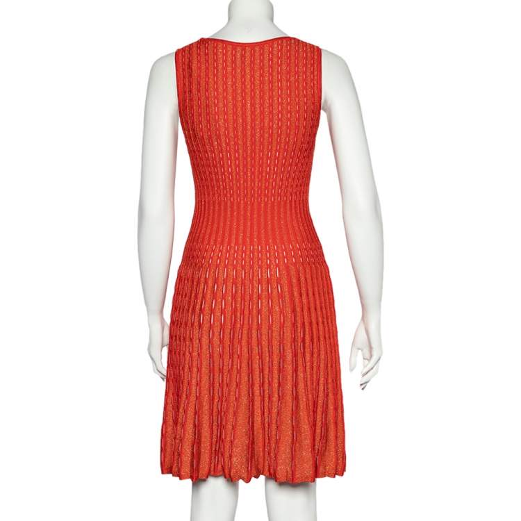 Pre Owned M Missoni Orange Perforated Lurex Knit Sleeveless Fit & Flare Dress S
