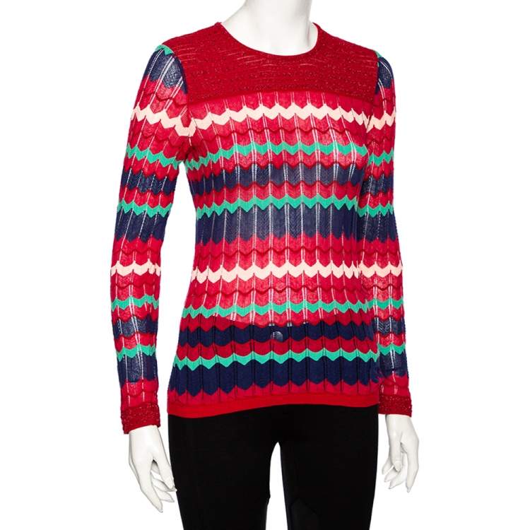 Pre Owned M Missoni Red Knit Lurex Panel Detailed Long Sleeve Top M