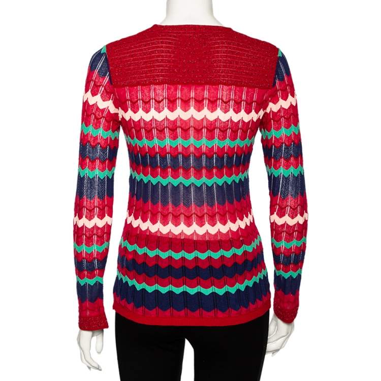 Pre Owned M Missoni Red Knit Lurex Panel Detailed Long Sleeve Top M