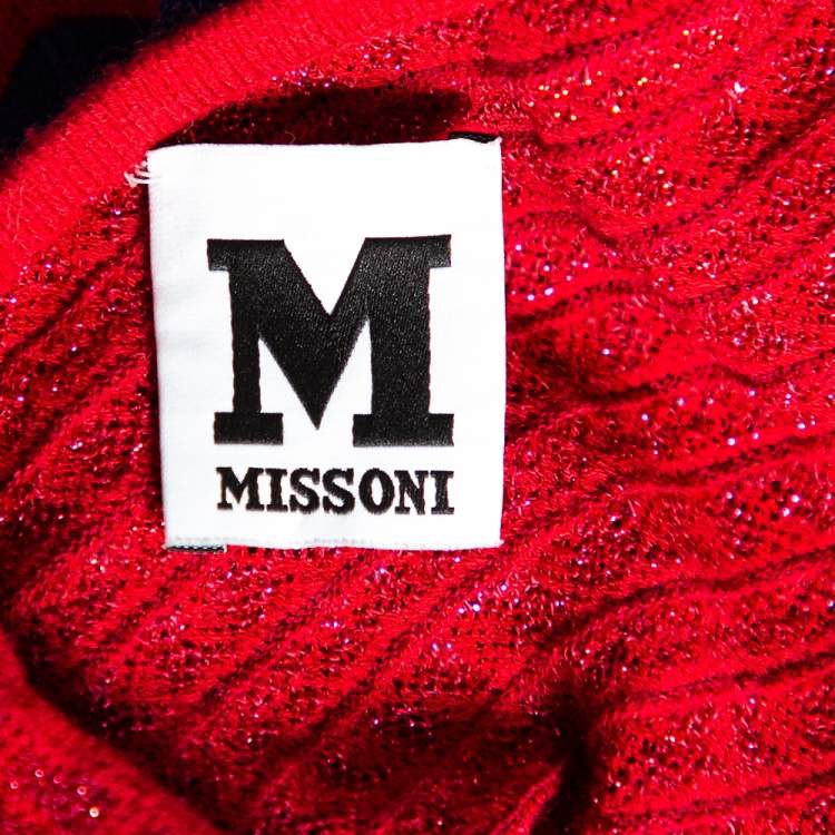 Pre Owned M Missoni Red Knit Lurex Panel Detailed Long Sleeve Top M