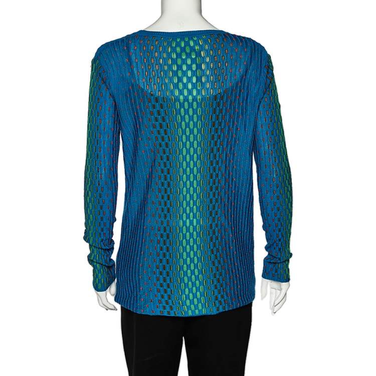 Pre Owned M Missoni Blue Patterned Dobby Knit Button Front Cardigan M