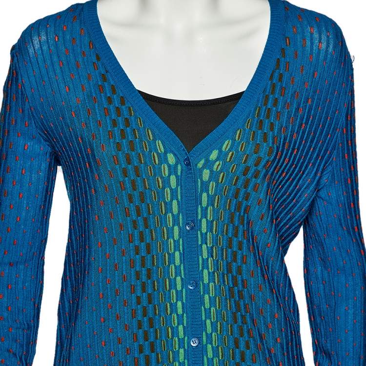 Pre Owned M Missoni Blue Patterned Dobby Knit Button Front Cardigan M