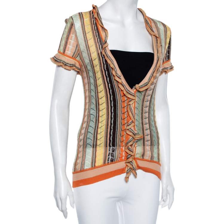 Pre Owned M Missoni Multicolored Crochet Knit Lurex Detail Ruffle Trimmed Button Front Top M