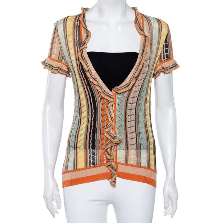 Pre Owned M Missoni Multicolored Crochet Knit Lurex Detail Ruffle Trimmed Button Front Top M