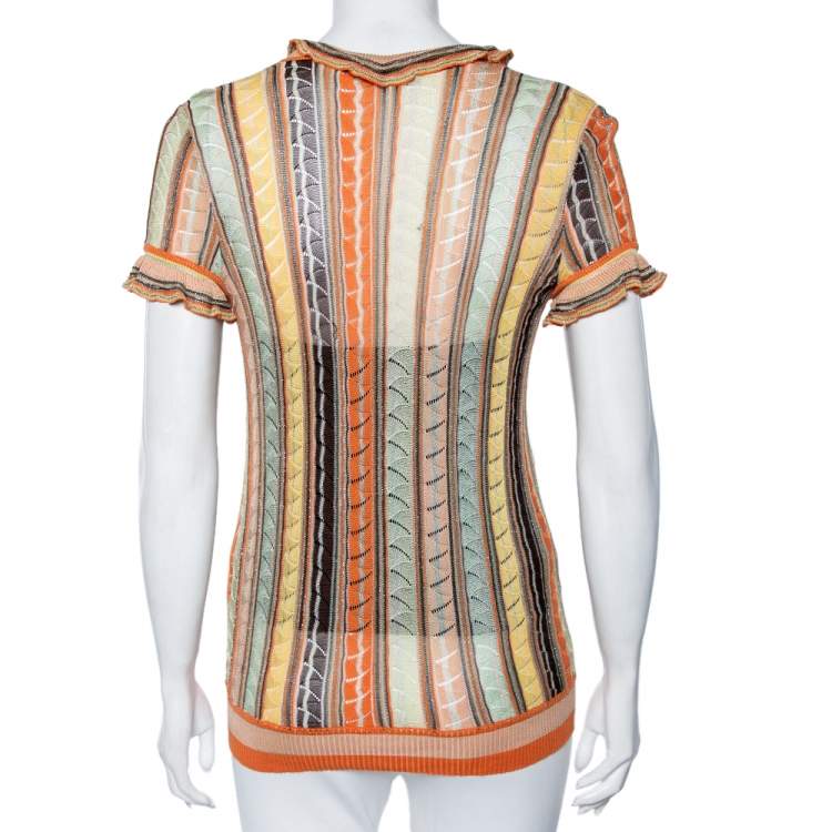 Pre Owned M Missoni Multicolored Crochet Knit Lurex Detail Ruffle Trimmed Button Front Top M