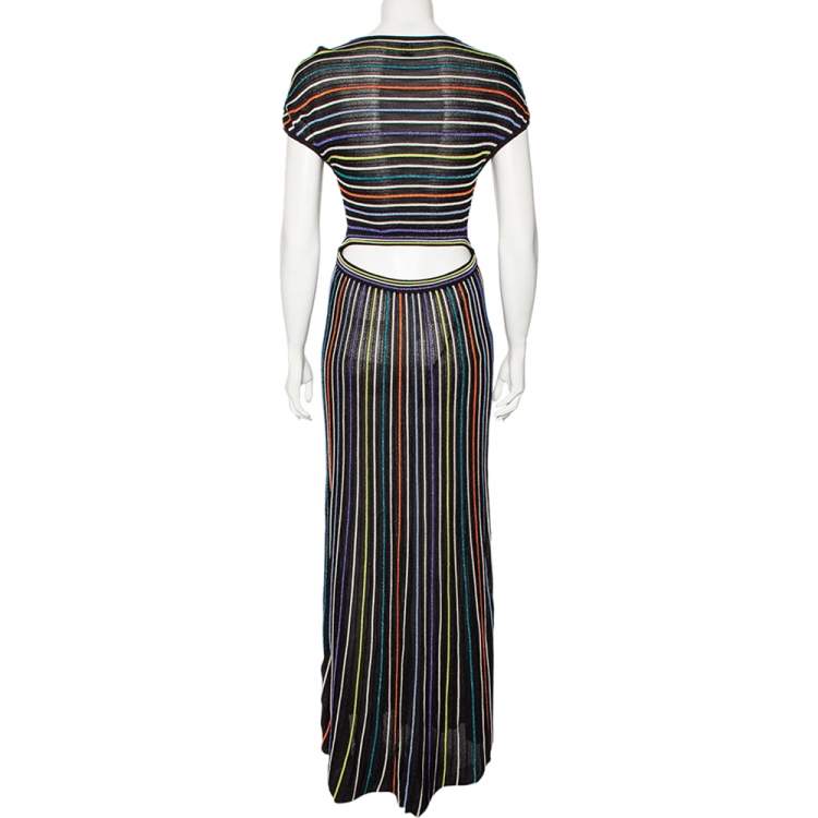 Pre Owned M Missoni Black & Multicolored Striped Lurex Knit Maxi Dress M