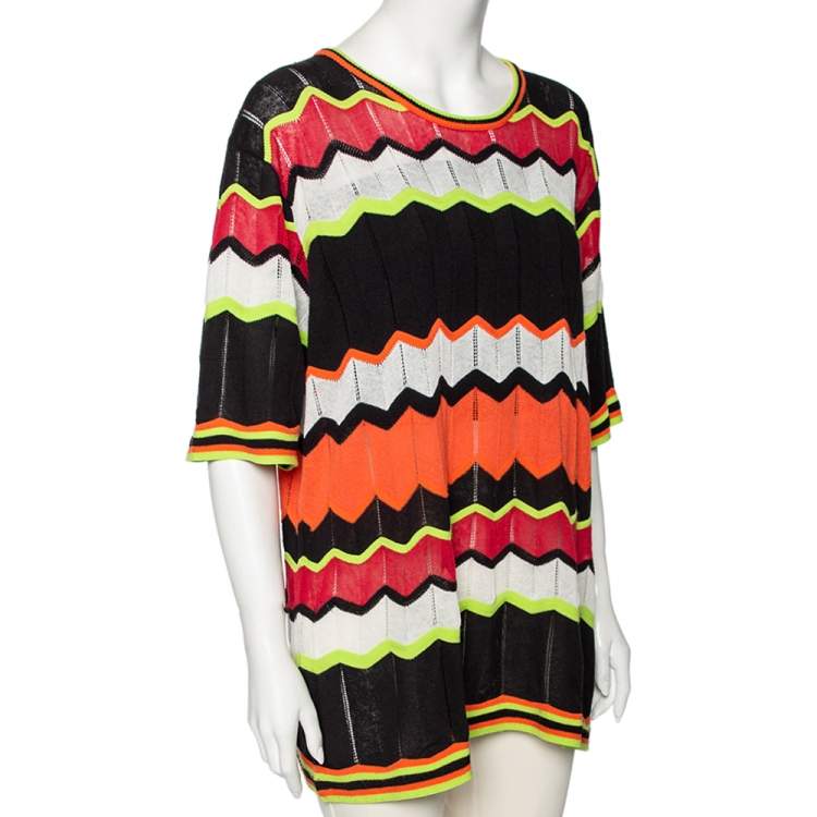 Pre Owned M Missoni Multicolored Zig Zag Perforated Knit Top L