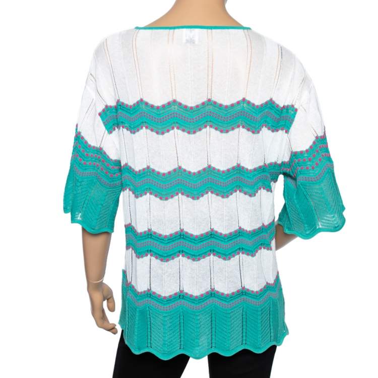 Pre Owned M Missoni Green & White Patterned Knit Oversized Top S