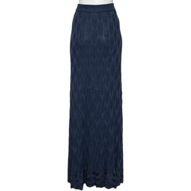 Pre Owned M Missoni Navy Blue Chevron Knit Maxi Skirt L