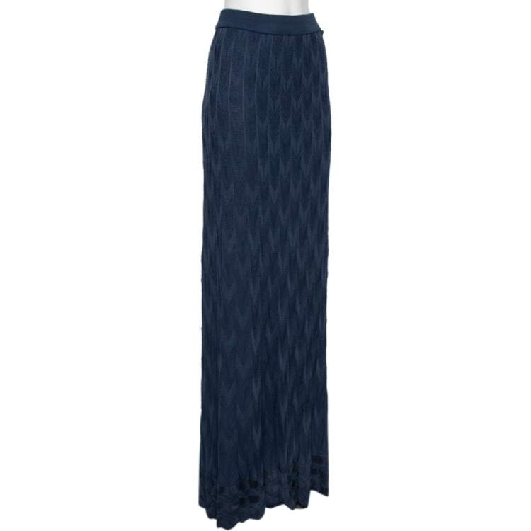 Pre Owned M Missoni Navy Blue Chevron Knit Maxi Skirt L