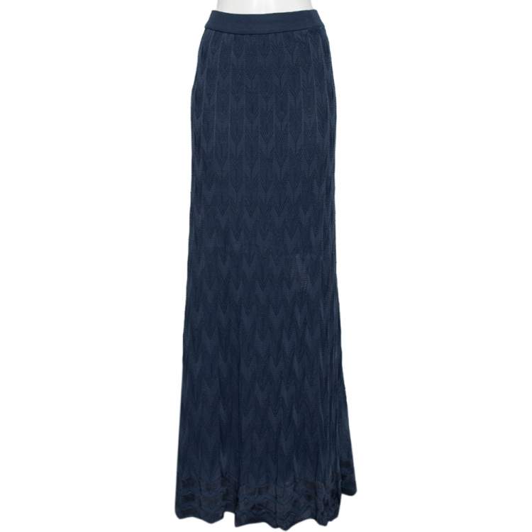 Pre Owned M Missoni Navy Blue Chevron Knit Maxi Skirt L
