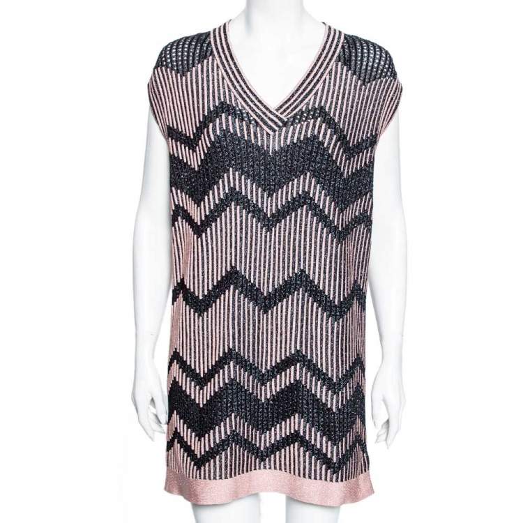 Pre Owned M Missoni Pink & Black Chevron Pattern Lurex Knit Mini Dress S