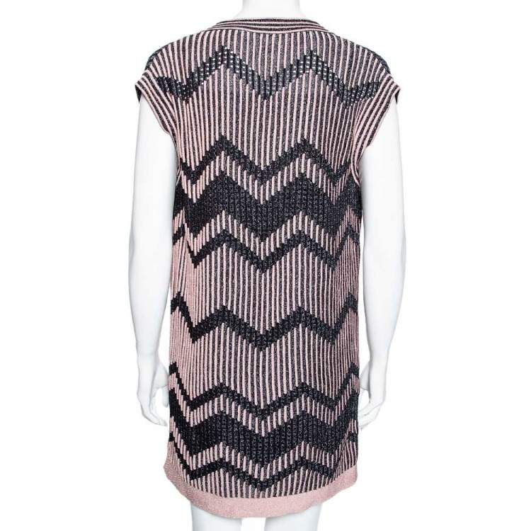 Pre Owned M Missoni Pink & Black Chevron Pattern Lurex Knit Mini Dress S