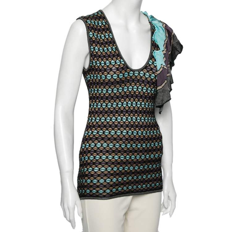 Pre Owned M Missoni Multicolor Patterned Knit Ruffle Trim Detailed Top S
