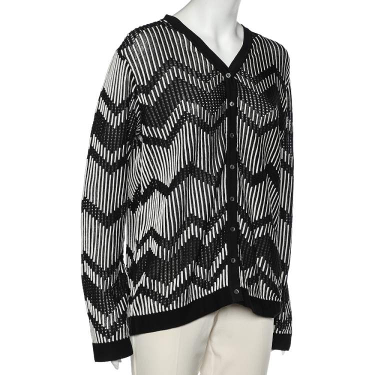 Pre Owned M Missoni Monochrome Patterned Perforated Knit Button Front Cardigan L