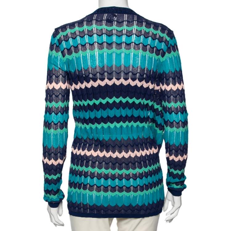 Pre Owned M Missoni Blue Patterned Knit Open Front Cardigan S