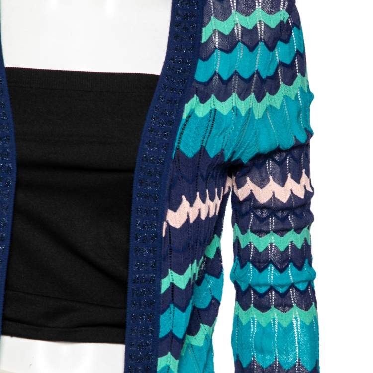 Pre Owned M Missoni Blue Patterned Knit Open Front Cardigan S