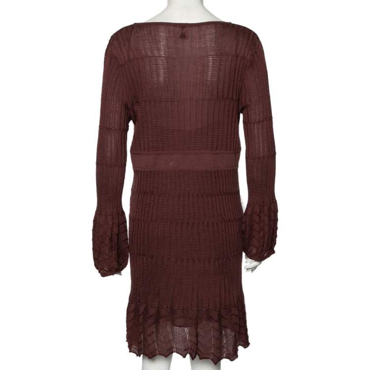 Pre Owned M Missoni Burgundy Patterned Knit Long Sleeve V-Neck Dress L