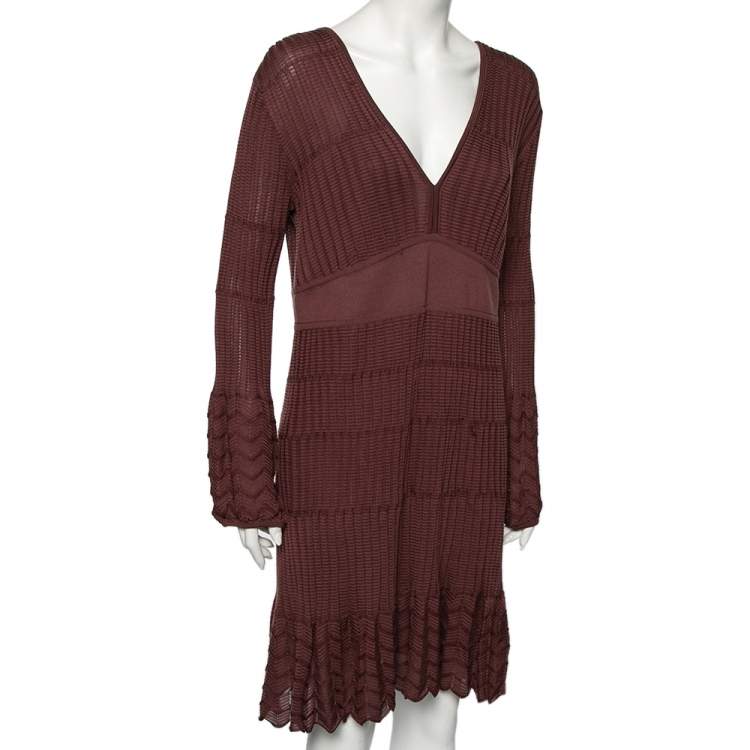 Pre Owned M Missoni Burgundy Patterned Knit Long Sleeve V-Neck Dress L