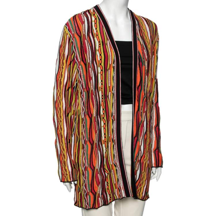 Pre Owned M Missoni Multicolor Striped Rib Knit Open Front Long Cardigan L