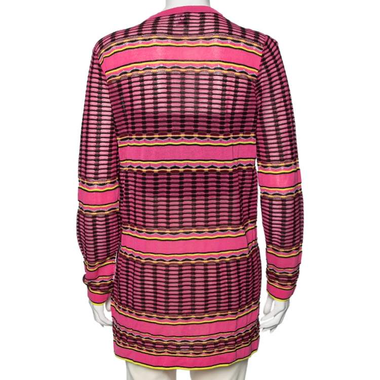 Pre Owned M Missoni Pink Patterned Knit Open Front Cardigan M