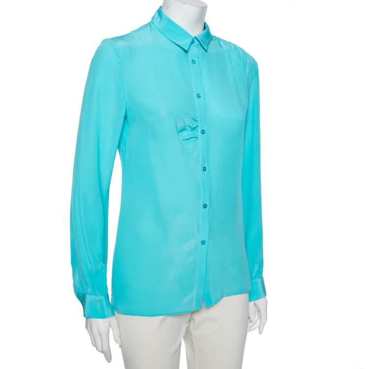 Pre Owned M Missoni Blue Silk Gathered Detail Button Front Shirt M