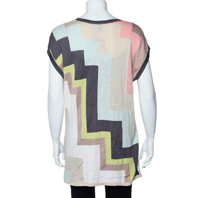 Pre Owned M Missoni Multicolor Geometric Pattern Cotton Knit Plunging Neck Top M