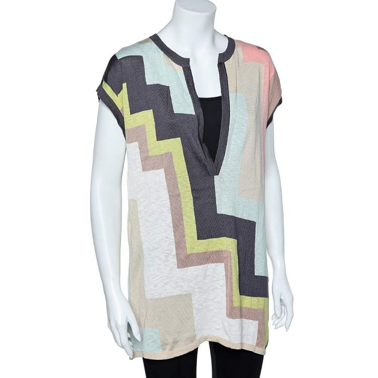 Pre Owned M Missoni Multicolor Geometric Pattern Cotton Knit Plunging Neck Top M