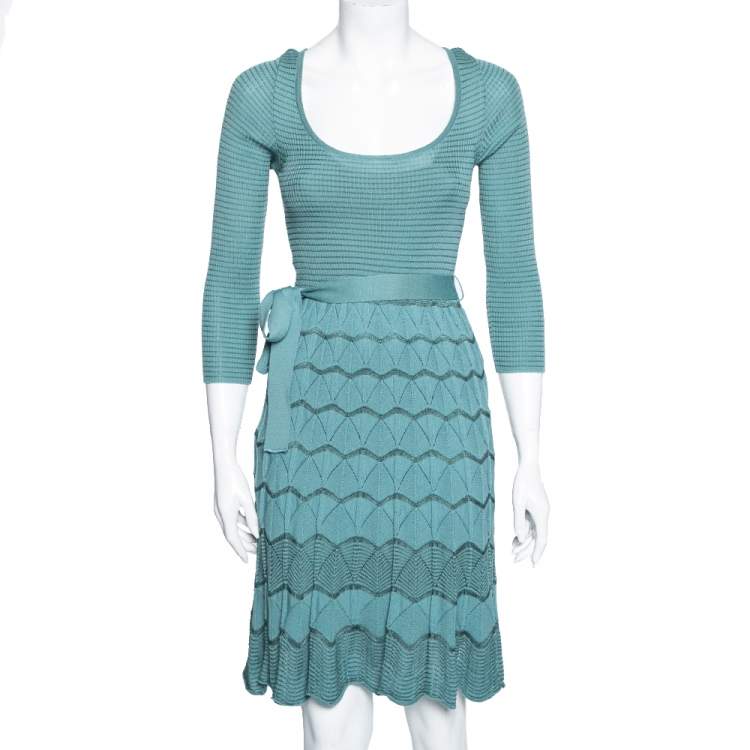 Pre Owned M Missoni Blue Patterned Knit Long Sleeve Belted Dress M 